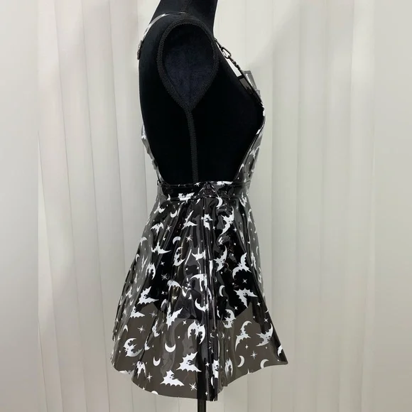 TRICKZ N TREATZ Bat My Lashes Print PVC Vinyl Mini Dress Bat Crescent Moon Black - Picture 12 of 14